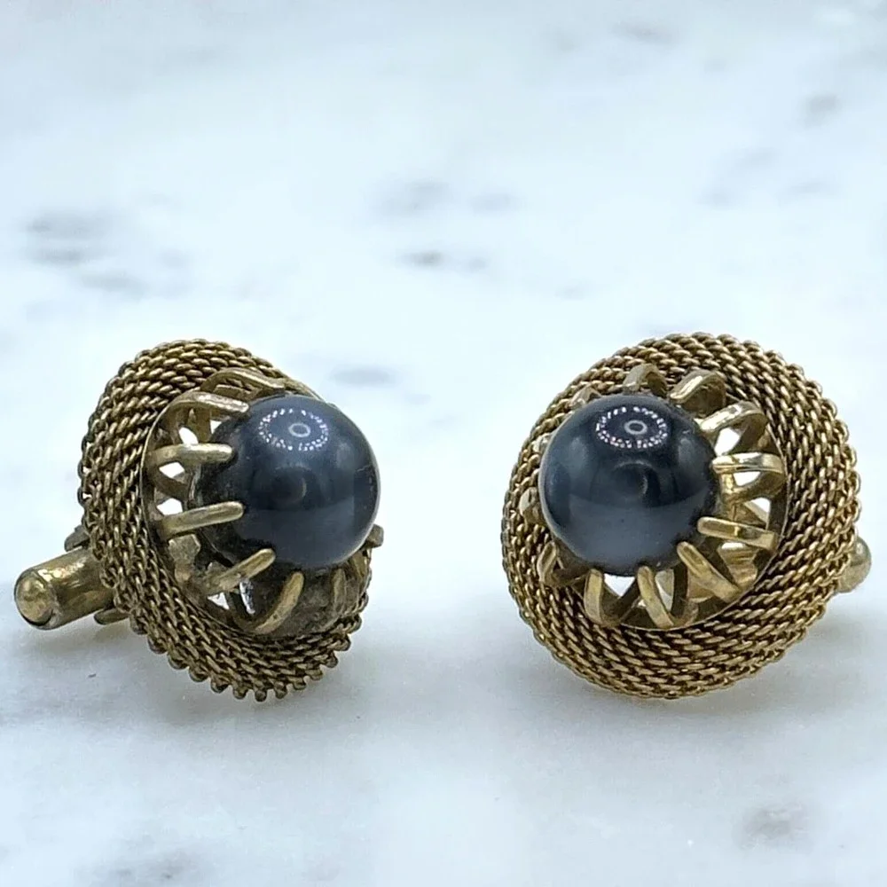 Men Vintage Gold Tone Mesh Contour Gray Inlay Round Bullet Back Cufflinks
